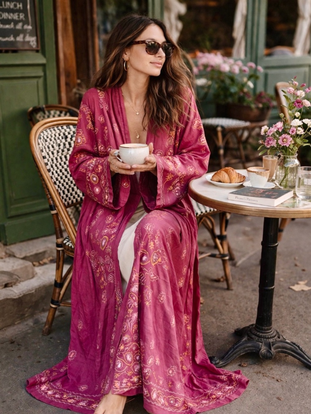 Magnolia Pearl Pink Boho Maxi Duster Kimono Embroidered Lounge Robe